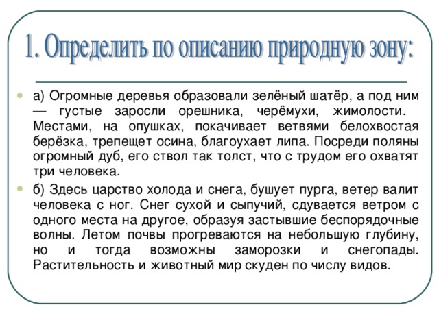 а) Огромные деревья образовали зелёный шатёр, а под ним — густые заросли орешника, черёмухи, жимолости. Местами, на опушках, покачивает ветвями белохвостая берёзка, трепещет осина, благоухает липа. Посреди поляны огромный дуб, его ствол так толст, что с трудом его охватят три человека. б) Здесь царство холода и снега, бушует пурга, ветер валит человека с ног. Снег сухой и сыпучий, сдувается ветром с одного места на другое, образуя застывшие беспорядочные волны. Летом почвы прогреваются на небольшую глубину, но и тогда возможны заморозки и снегопады. Растительность и животный мир скуден по числу видов.