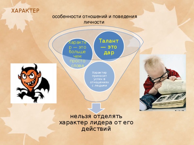 ХАРАКТЕР     особенности отношений и поведения личности Талант — это дар Характер — это больше чем просто слова Характер приносит успех в отношениях с людьми нельзя отделять характер лидера от его действий