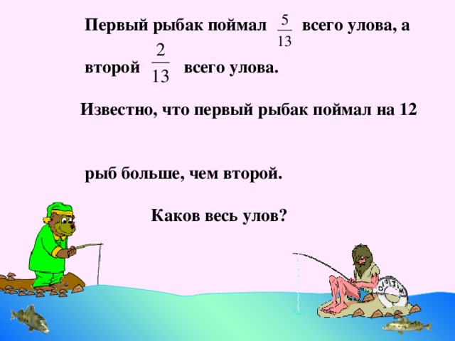 Первый рыбак поймал всего улова, а   второй всего улова.   Известно, что первый рыбак поймал на 12   рыб больше, чем второй.   Каков весь улов? 9