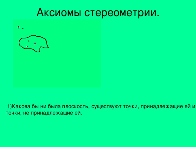 Аксиомы стереометрии.   1)Какова бы ни была плоскость, существуют точки, принадлежащие ей и точки, не принадлежащие ей.