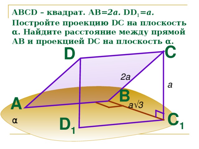 ABCD – квадрат. АВ= 2а.  DD 1 = a.  Постройте проекцию DC на плоскость α . Найдите расстояние между прямой АВ и проекцией DC на плоскость α . C D 2a a B A a √3 C 1 D 1 α