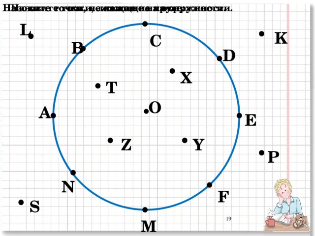 Назовите точки, не лежащие на окружности. Назовите точки, лежащие на круге: Назовите точки, лежащие на окружности. L K С В D X T О А E Y Z P N F S M