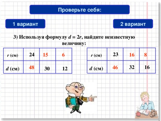 Проверьте себя: 2 вариант 1 вариант 3) Используя формулу d = 2 r , найдите неизвестную величину:   23 8 15 24  6 16  r (см) r (см)  32 16  48  46 d (см) 30 d (см) 12