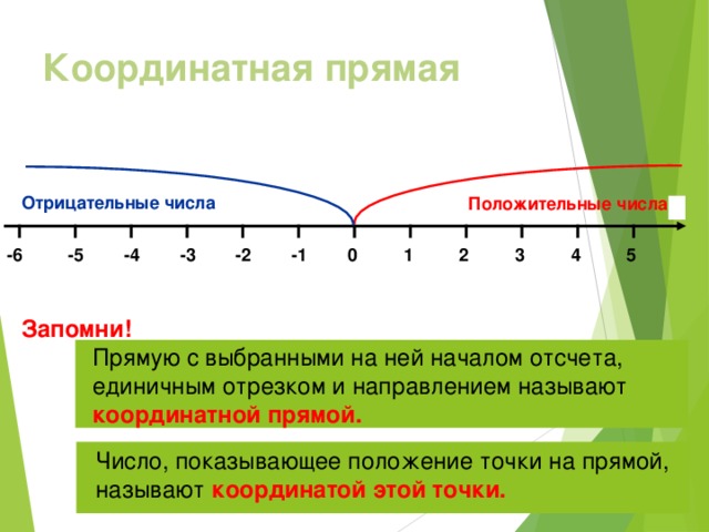 Координатная прямая Отрицательные числа Положительные числа Х  3 -5 -6 0 -4 -3 -2 -1 5 2 4 1 Запомни! Прямую с выбранными на ней началом отсчета, единичным отрезком и направлением называют координатной прямой. Число, показывающее положение точки на прямой, называют координатой этой точки. 19