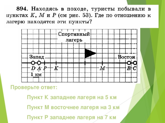 Проверьте ответ: Пункт К западнее лагеря на 5 км Пункт М восточнее лагеря на 3 км Пункт Р западнее лагеря на 7 км