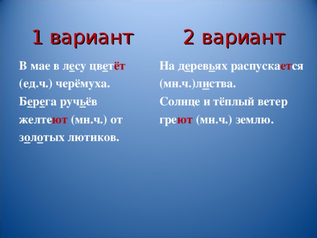 1 вариант 2 вариант В мае в л е су цв е т ёт (ед.ч.) черёмуха. Б е р е га руч ь ёв желте ют (мн.ч.) от з о л о тых лютиков. На д е рев ь ях распуска ет ся (мн.ч.)л и ства. Солнце и тёплый ветер гре ют (мн.ч.) землю.