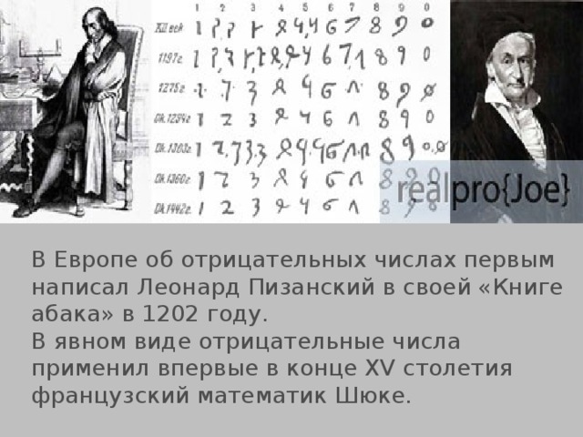 В Европе об отрицательных числах первым написал Леонард Пизанский в своей «Книге абака» в 1202 году. В явном виде отрицательные числа применил впервые в конце XV столетия французский математик Шюке.