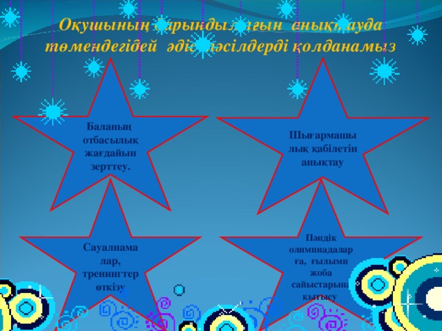 Оқушының дарындылығын анықтауда төмендегідей әдіс тәсілдерді қолданамыз Баланың отбасылық жағдайын зерттеу. Шығармашылық қабілетін анықтау Сауалнамалар, тренингтер өткізу Пәндік олимпиадаларға, ғылыми жоба сайыстарына қытысу