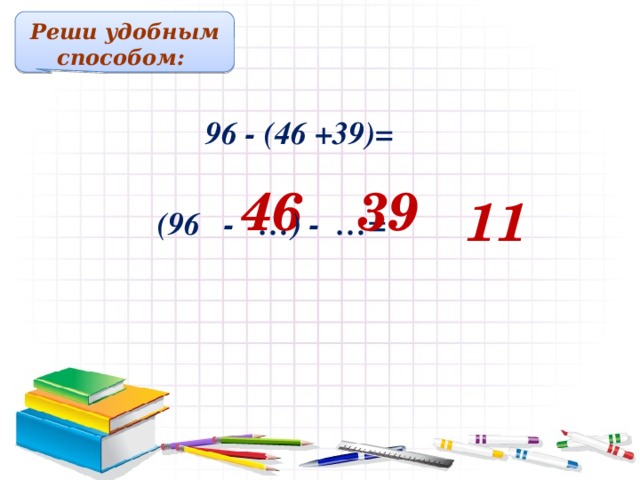Реши удобным способом:  96 - (46 +39)= 46 39 11  (96 - …) - …= Решение примеров на доске и в тетрадях