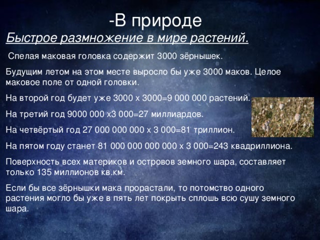 -В природе Быстрое размножение в мире растений.  Спелая маковая головка содержит 3000 зёрнышек. Будущим летом на этом месте выросло бы уже 3000 маков. Целое маковое поле от одной головки. На второй год будет уже 3000 x 3000=9 000 000 растений. На третий год 9000 000 x3 000=27 миллиардов. На четвёртый год 27 000 000 000 x 3 000=81 триллион. На пятом году станет 81 000 000 000 000 x 3 000=243 квадриллиона. Поверхность всех материков и островов земного шара, составляет только 135 миллионов кв.км. Если бы все зёрнышки мака прорастали, то потомство одного растения могло бы уже в пять лет покрыть сплошь всю сушу земного шара.