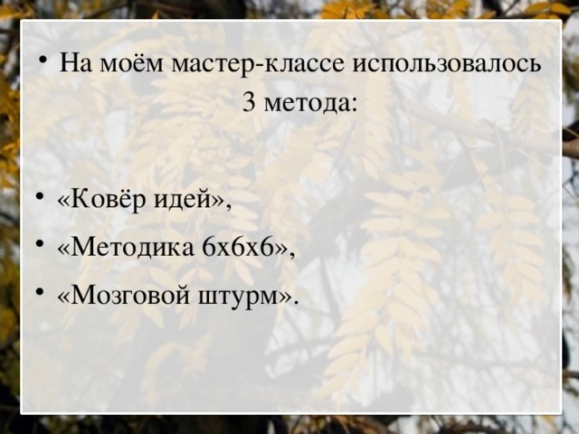 На моём мастер-классе использовалось 3 метода: «Ковёр идей», «Методика 6х6х6», «Мозговой штурм».