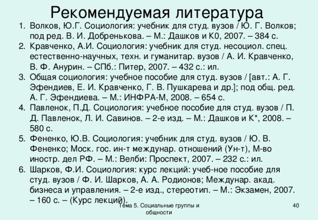 Рекомендуемая литература Волков, Ю.Г. Социология: учебник для студ. вузов / Ю. Г. Волков; под ред. В. И. Добренькова. – М.: Дашков и К0, 2007. – 384 с. Кравченко, А.И. Социология: учебник для студ. несоциол. спец. естественно-научных, техн. и гуманитар. вузов / А. И. Кравченко, В. Ф. Анурин. – СПб.: Питер, 2007. – 432 с.: ил. Общая социология: учебное пособие для студ. вузов / [авт.: А. Г. Эфендиев, Е. И. Кравченко, Г. В. Пушкарева и др.]; под общ. ред. А. Г. Эфендиева. – М.: ИНФРА-М, 2008. – 654 с. Павленок, П.Д. Социология: учебное пособие для студ. вузов / П. Д. Павленок, Л. И. Савинов. – 2-е изд. – М.: Дашков и К*, 2008. – 580 с. Фененко, Ю.В. Социология: учебник для студ. вузов / Ю. В. Фененко; Моск. гос. ин-т междунар. отношений (Ун-т), М-во иностр. дел РФ. – М.: Велби: Проспект, 2007. – 232 с.: ил. Шарков, Ф.И. Социология: курс лекций: учеб-ное пособие для студ. вузов / Ф. И. Шарков, А. А. Родионов; Междунар. акад. бизнеса и управления. – 2-е изд., стереотип. – М.: Экзамен, 2007. – 160 с. – (Курс лекций). Тема 5. Социальные группы и общности