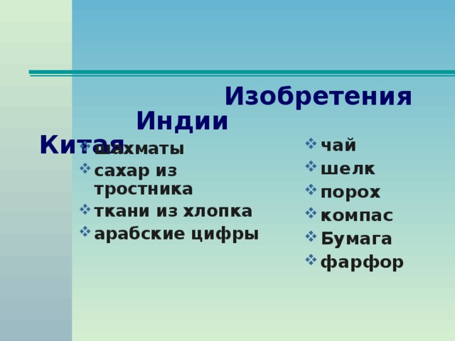 Изобретения  Индии Китая  чай шелк порох компас Бумага фарфор шахматы сахар из тростника ткани из хлопка арабские цифры