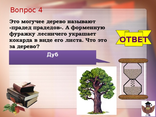 Вопрос 4 Это могучее дерево называют «прадед прадедов». А форменную фуражку лесничего украшает кокарда в виде его листа. Что это за дерево? ОТВЕТ Дуб