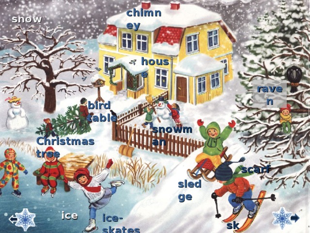 chimney snow house raven bird table snowman С hristmas tree s с arf sledge ice ice-skates ski 5