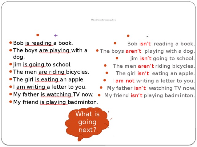 Make the sentences negative. - Bob isn’t reading a book. The boys aren’t playing with a dog. Jim isn’t going to school. The men aren’t riding bicycles. The girl isn’t eating an apple. I am not writing a letter to you. My father isn’t watching TV now. My friend isn’t playing badminton. + Bob is reading a book. The boys are playing with a dog. Jim is going to school. The men are riding bicycles. The girl is eating an apple. I am writing a letter to you. My father is watching TV now. My friend is playing badminton. What is going next?