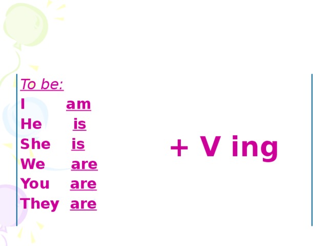 To be: I am He is She is + V ing We are You are They are