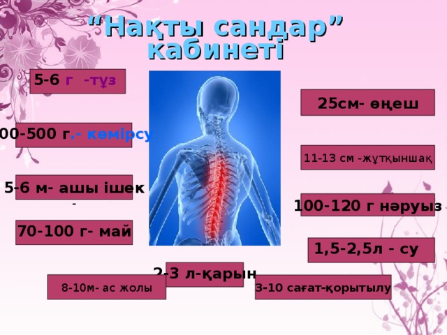 “ Нақты сандар” кабинеті 5-6 г -тұз  25см- өңеш 400-500 г .- көмірсу  11-13 см -жұтқыншақ 5-6 м- ашы ішек - 100-120 г нәруыз 70-100 г- май  1,5-2,5л - су  2-3 л-қарын  8-10м- ас жолы 3-10 сағат-қорытылу