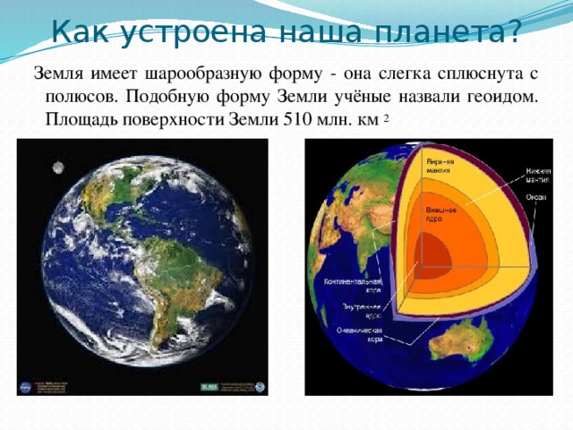 Как устроена наша планета? Земля имеет шарообразную форму - она слегка сплюснута с полюсов. Подобную форму Земли учёные назвали геоидом. Площадь поверхности Земли 510 млн. км 2