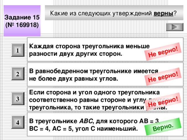 Не верно! Не верно! Не верно! Верно. Какие из следующих утверждений верны ?  Задание 15 (№ 169918) Каждая сторона треугольника меньше разности двух других сторон.  1 В равнобедренном треугольнике имеется не более двух равных углов.  2 Если сторона и угол одного треугольника соответственно равны стороне и углу другого треугольника, то такие треугольники равны.  3 В треугольнике ABC , для которого АВ = 3, ВС = 4, АС = 5, угол С наименьший.  4