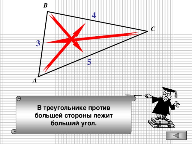 В 4 С 3 5 А В треугольнике против большей стороны лежит больший угол.