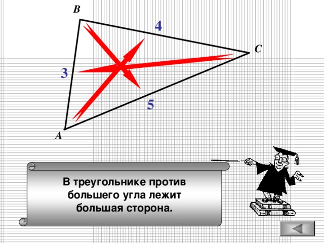 В 4 С 3 5 А В треугольнике против большего угла лежит большая сторона.