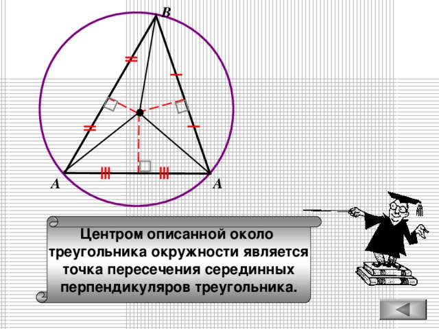 В А А Центром описанной около треугольника окружности является точка пересечения серединных перпендикуляров треугольника.