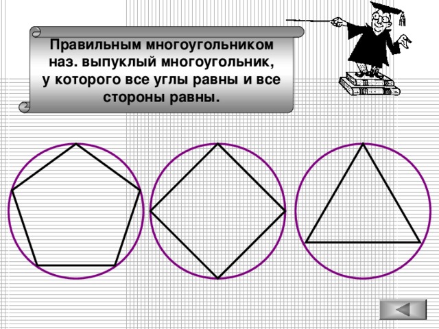 Правильным многоугольником наз. выпуклый многоугольник, у которого все углы равны и все стороны равны.