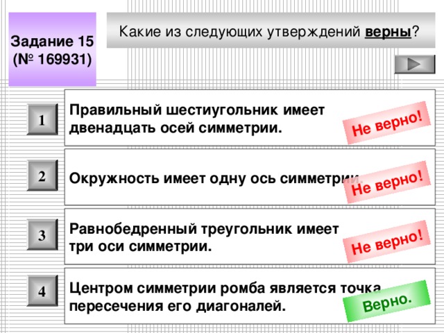 Не верно! Не верно! Не верно! Верно. Какие из следующих утверждений верны ?  Задание 15 (№ 169931) Правильный шестиугольник имеет двенадцать осей симметрии.  1 Окружность имеет одну ось симметрии.  2 Равнобедренный треугольник имеет три оси симметрии. 3 Центром симметрии ромба является точка пересечения его диагоналей. 4