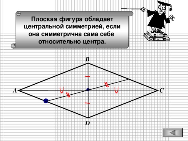 Плоская фигура обладает центральной симметрией, если она симметрична сама себе относительно центра. В А С D