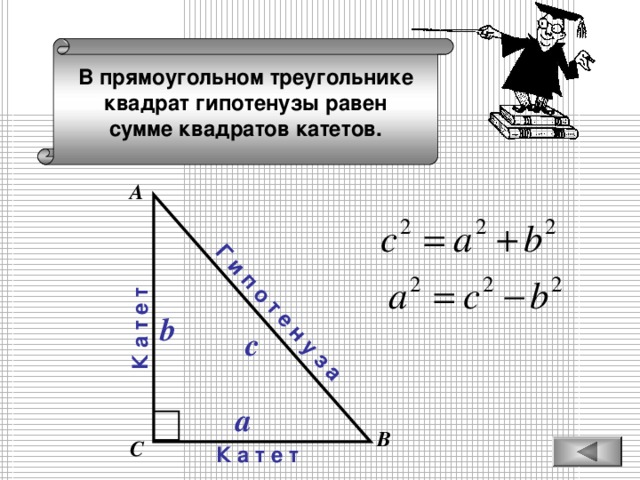 К а т е т Г и п о т е н у з а В прямоугольном треугольнике квадрат гипотенузы равен сумме квадратов катетов. А b c a В С К а т е т