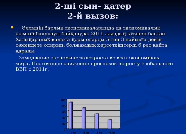 2-ші сын- қатер  2-й вызов:    Әлемнің барлық экономикаларында да экономикалық өсімнің баяулауы байқалуда. 2011 жылдың күзінен бастап Халықаралық валюта қоры оларды 5-тен 3 пайызға дейін төмендете отырып, болжамдық көрсеткіштерді 6 рет қайта қарады.  Замедление экономического роста во всех экономиках мира. Постоянное снижение прогнозов по росту глобального ВВП с 2011г.