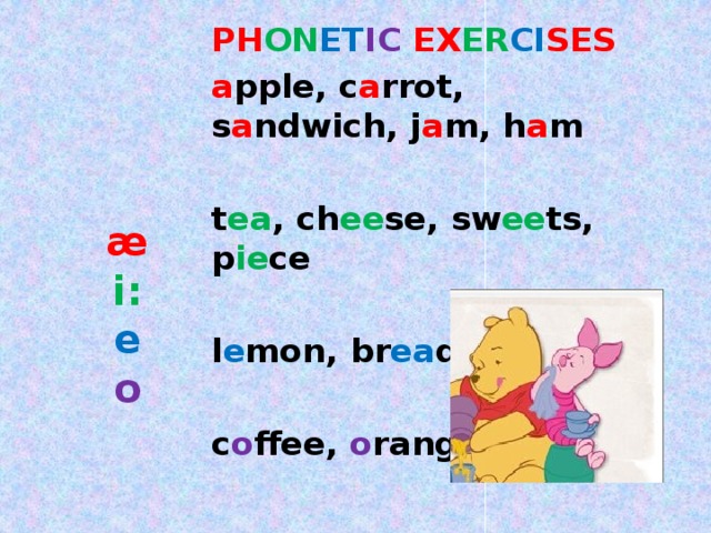 PH ON ET IC EX ER CI SES a pple, c a rrot, s a ndwich, j a m, h a m  t ea , ch ee se, sw ee ts, p ie ce  l e mon, br ea d  c o ffee, o range æ  i:  e  o