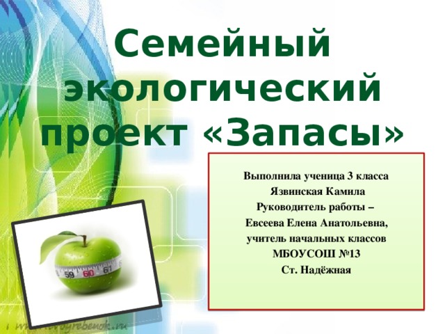 Семейный экологический проект «Запасы»  Выполнила ученица 3 класса  Язвинская Камила Руководитель работы –  Евсеева Елена Анатольевна, учитель начальных классов МБОУСОШ №13 Ст. Надёжная