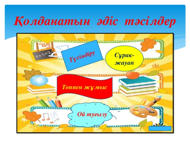 Түсіндіру Қолданатын әдіс тәсілдер Сұрақ-жауап Топпен жұмыс Ой туғызу