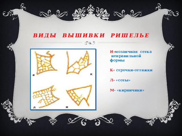 Виды вышивки ришелье И- мозаичная сетка неправильной формы  К- строчки-оттяжки  Л- «соты»  М - «кирпичики»