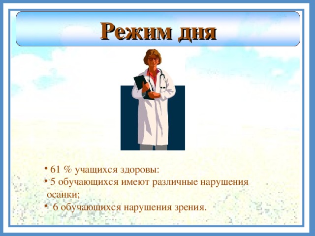 Режим дня  61 % учащихся здоровы:  5 обучающихся имеют различные нарушения  осанки;