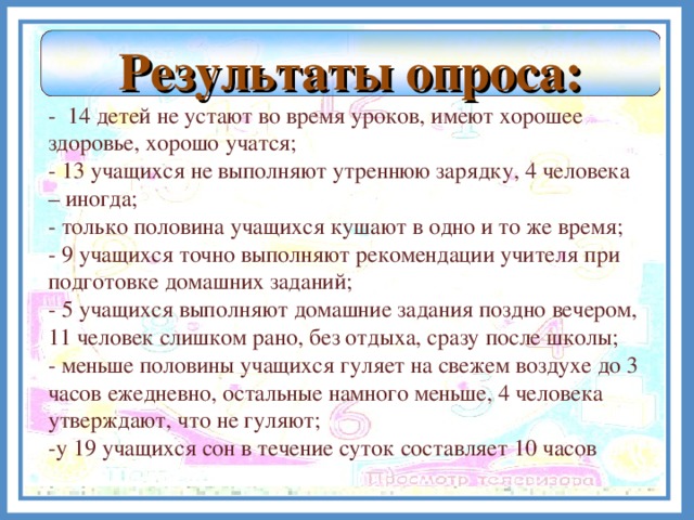 Результаты опроса: - 14 детей не устают во время уроков, имеют хорошее здоровье, хорошо учатся; - 13 учащихся не выполняют утреннюю зарядку, 4 человека – иногда; - только половина учащихся кушают в одно и то же время; - 9 учащихся точно выполняют рекомендации учителя при подготовке домашних заданий; - 5 учащихся выполняют домашние задания поздно вечером, 11 человек слишком рано, без отдыха, сразу после школы; - меньше половины учащихся гуляет на свежем воздухе до 3 часов ежедневно, остальные намного меньше, 4 человека утверждают, что не гуляют; -у 19 учащихся сон в течение суток составляет 10 часов