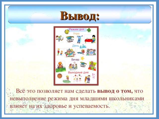 Вывод:  Всё это позволяет нам сделать вывод о том, что невыполнение режима дня младшими школьниками влияет на их здоровье и успеваемость.