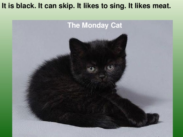 It is black. It can skip. It likes to sing. It likes meat. The Monday Cat