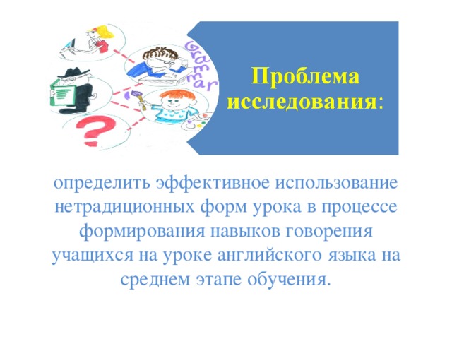 определить эффективное использование нетрадиционных форм урока в процессе формирования навыков говорения учащихся на уроке английского языка на среднем этапе обучения.