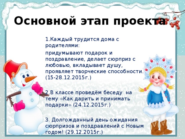 Основной этап проекта 1.Каждый трудится дома с родителями: придумывают подарок и поздравление, делает сюрприз с любовью, вкладывает душу, проявляет творческие способности. (15-28.12.2015г.) 2.В классе проведём беседу на тему «Как дарить и принимать подарки» (24.12.2015г.) 3. Долгожданный день ожидания сюрпризов и поздравлений с Новым годом! (29.12.2015г.)