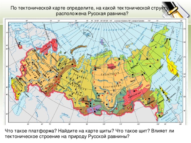 По тектонической карте определите, на какой тектонической структуре расположена Русская равнина? Что такое платформа? Найдите на карте щиты? Что такое щит? Влияет ли тектоническое строение на природу Русской равнины?