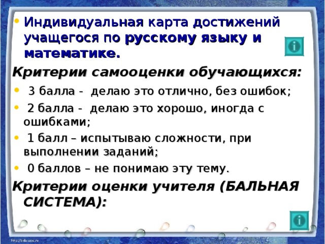 Индивидуальная карта достижений учащегося по русскому языку и математике. Критерии самооценки обучающихся:  3 балла - делаю это отлично, без ошибок;  2 балла - делаю это хорошо, иногда с ошибками;  1 балл – испытываю сложности, при выполнении заданий;  0 баллов – не понимаю эту тему.