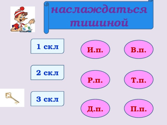 наслаждаться тишиной 1 скл И.п. В.п. 2 скл Р.п. Т.п. 3 скл Д.п. П.п.