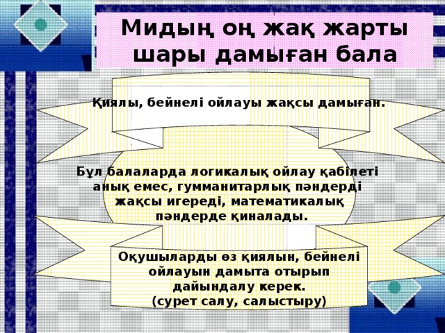 Мидың оң жақ жарты шары дамыған бала Қиялы, бейнелі ойлауы жақсы дамыған.  Бұл балаларда логикалық ойлау қабілеті анық емес, гумманитарлық пәндерді жақсы игереді, математикалық  пәндерде қиналады. Оқушыларды өз қиялын, бейнелі  ойлауын дамыта отырып дайындалу керек. (сурет салу, салыстыру)