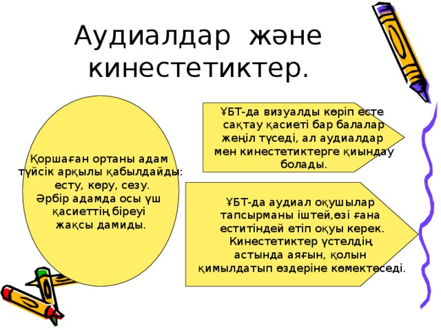 Аудиалдар және кинестетиктер. Қоршаған ортаны адам түйсік арқылы қабылдайды:  есту, көру, сезу. Әрбір адамда осы үш қасиеттің біреуі жақсы дамиды. ҰБТ-да визуалды көріп есте сақтау қасиеті бар балалар жеңіл түседі, ал аудиалдар мен кинестетиктерге қиындау болады. ҰБТ-да аудиал оқушылар тапсырманы іштей,өзі ғана еститіндей етіп оқуы керек. Кинестетиктер үстелдің астында аяғын, қолын қимылдатып өздеріне көмектеседі.