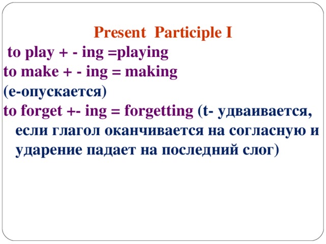 Present  Participle I  to play + -  ing =playing to make + - ing = making (e- опускается ) to forget +- ing = forgetting  (t- удваивается, если глагол оканчивается на согласную и ударение падает на последний слог )