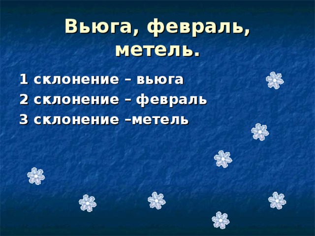 Вьюга, февраль, метель. 1 склонение – вьюга 2 склонение – февраль 3 склонение –метель