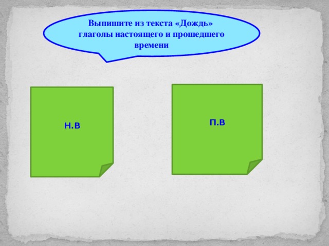 Выпишите из текста «Дождь» глаголы настоящего и прошедшего времени П.В Н.В